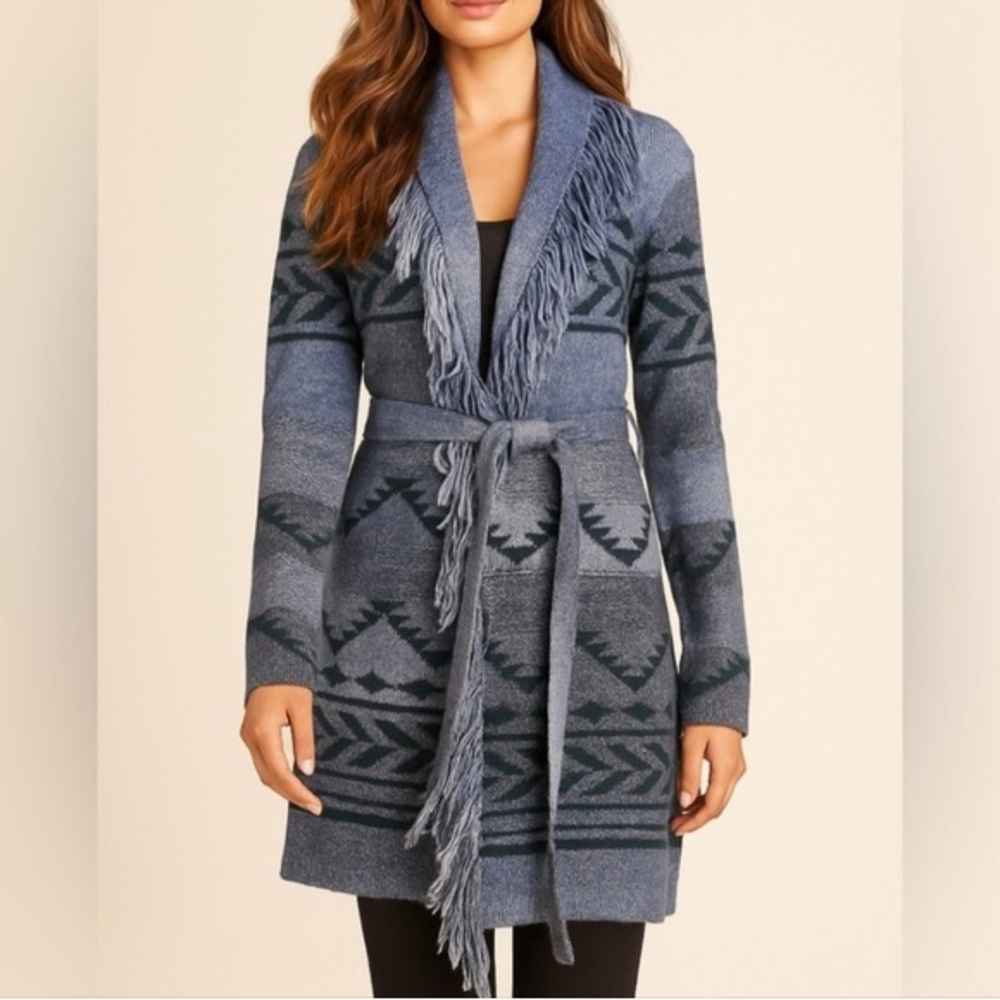 Badgley Mischka blue and black jacquard knit shawl belted fringe long cardigan - Picture 3 of 7
